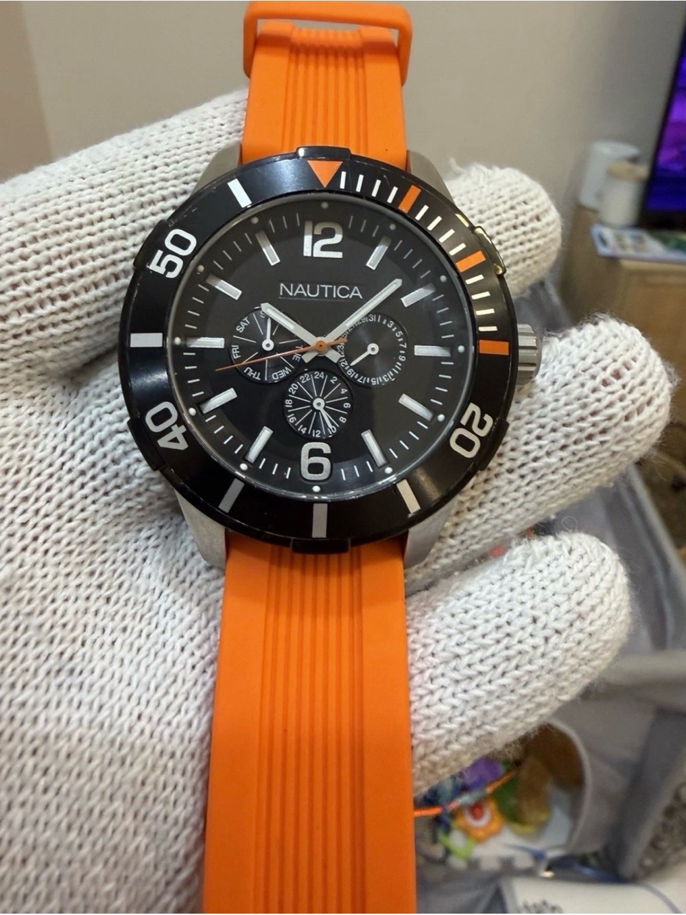 Nautica NSR 11 Men’s Multifunction Sports Watch Black Dial Orange Strap N14627G